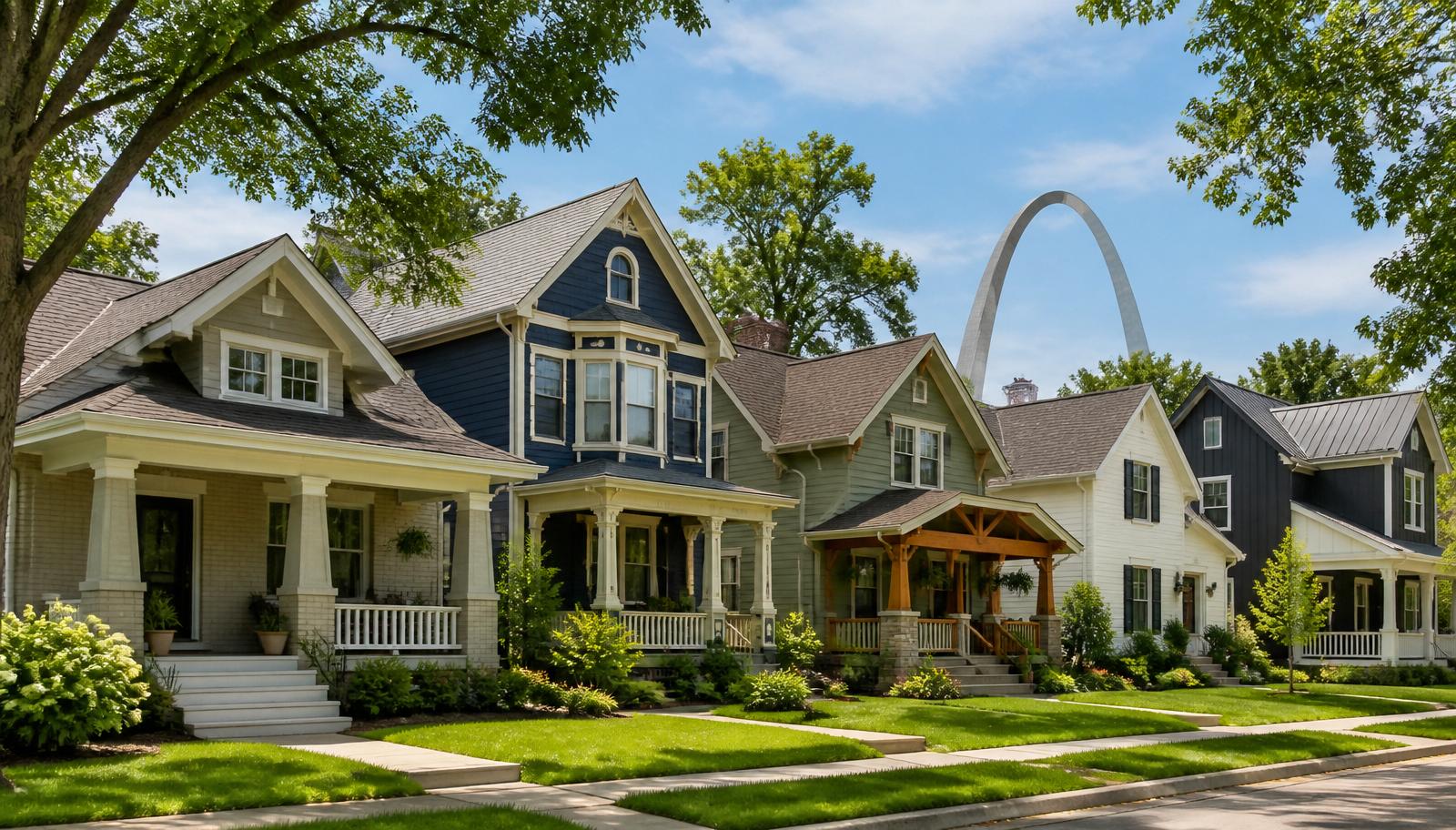 A row of St. Louis homes painted in popular exterior color palettes including greige, navy, sage green, cream, and charcoal